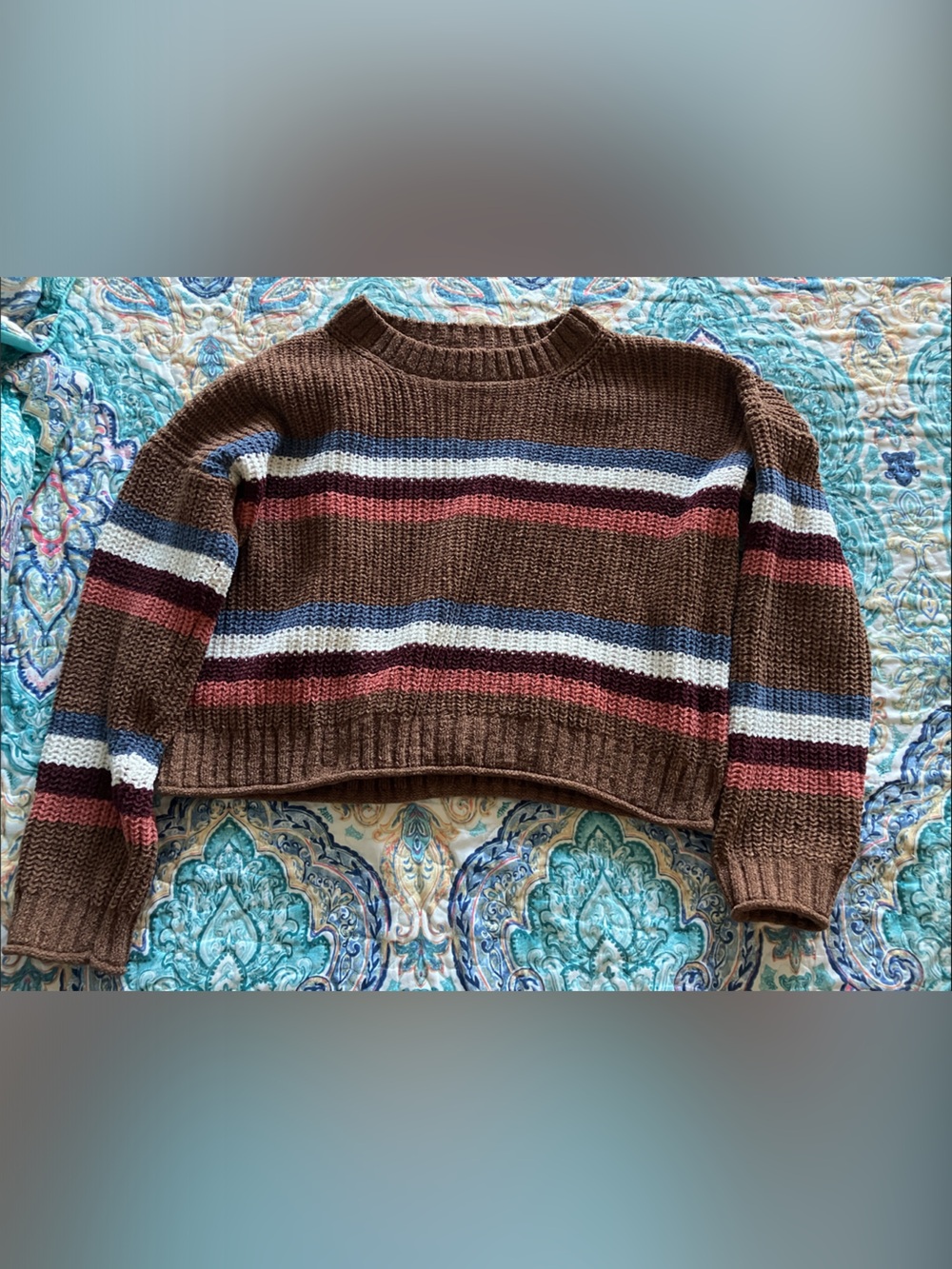 Pink Republic Brown Striped Crewneck Sweater with Blue, White & Pink Accents